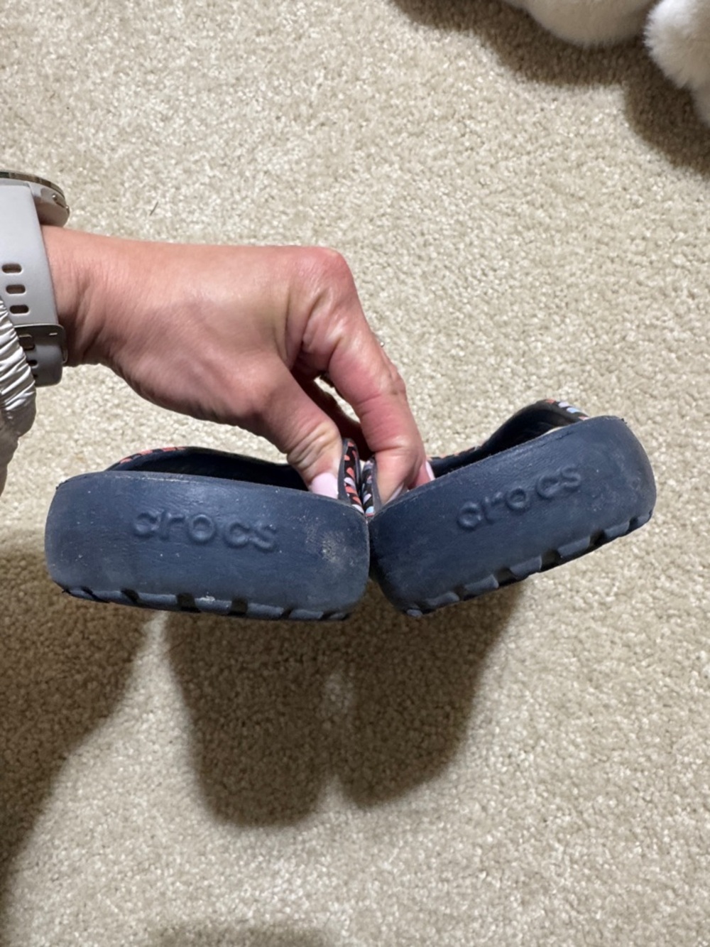 CROCS Navy Flip Flops with Coral and Light Blue Dot Straps - Picture 5 of 5